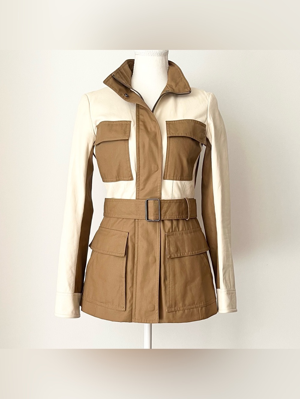 Theory Women's Macaire Leather Canvas Utility Jacket Ivory Tan XS Belted Retro